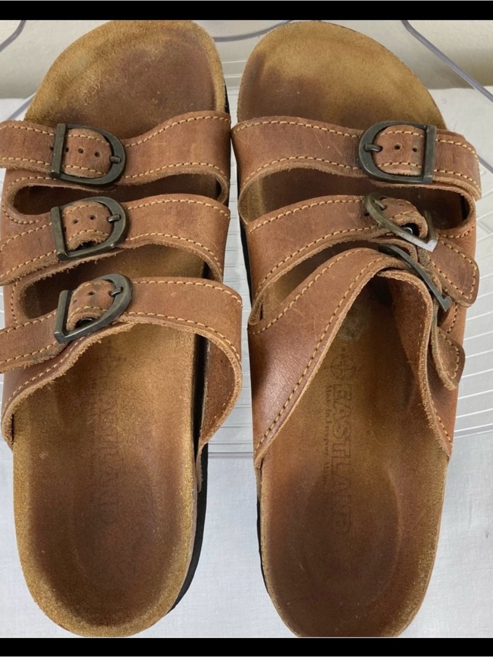 Eastland Brown Leather Triple-Buckle Slide Sandals with Yellow Insole